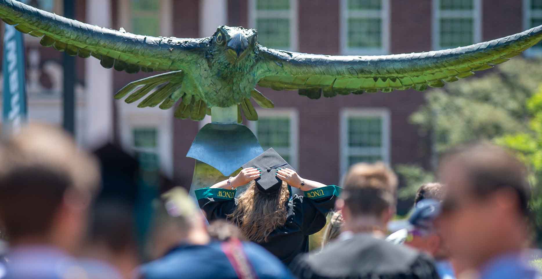 Celebrating graduates look at Seahawk sculpture