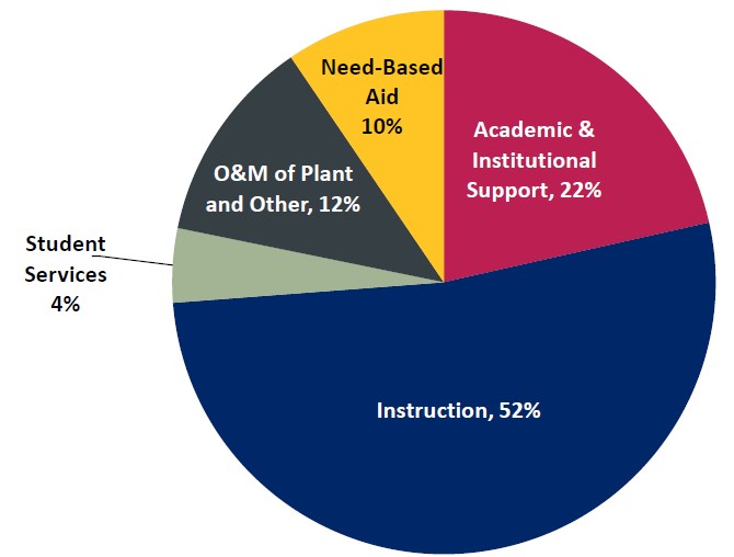Instruction 53%, Academic &amp; Institutional Support 22%, Need-based aid 9%, O&amp;M of plan &amp; other 12%, Student Services 4%.